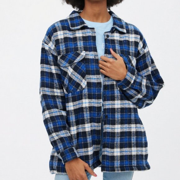 Lucky Brand Jackets & Blazers - New Lucky Brand Oversized Blue Plaid Flannel with Faux Sherpa Shacket - S